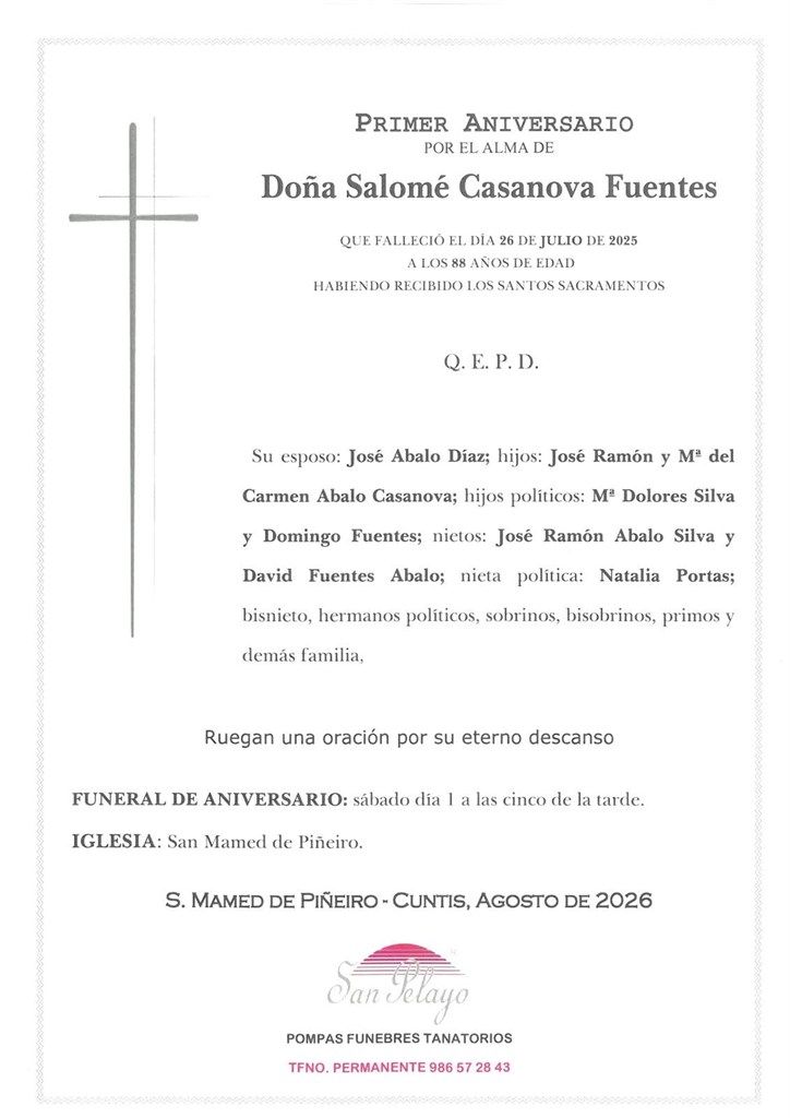 ANIVERSARIO:  SALOMÉ CASANOVA FUENTES    01/08/2026