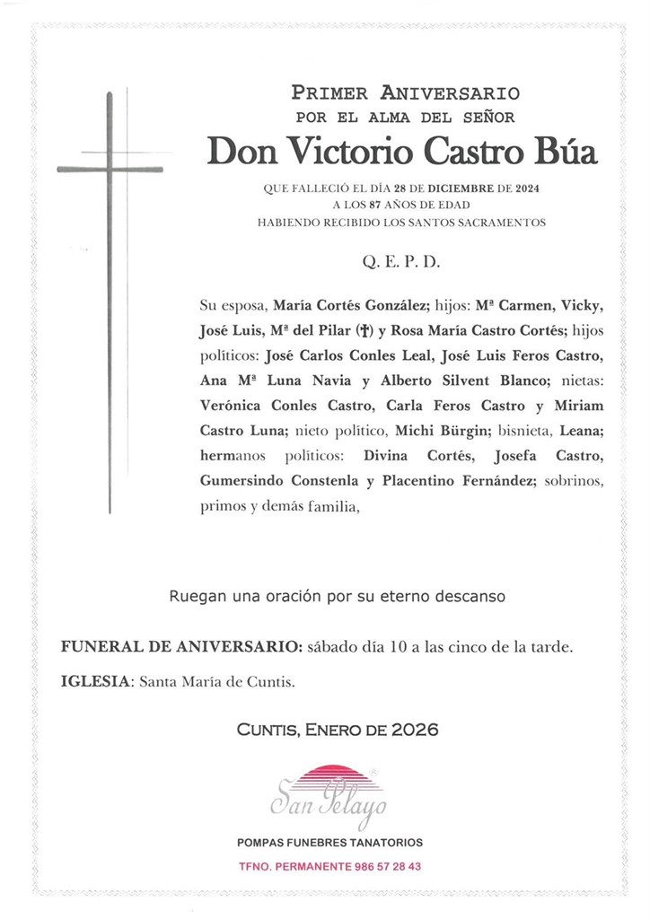 ANIVERSARIO  VICTORIO CASTRO BÚA,   10/01/2026  17:00 HORAS