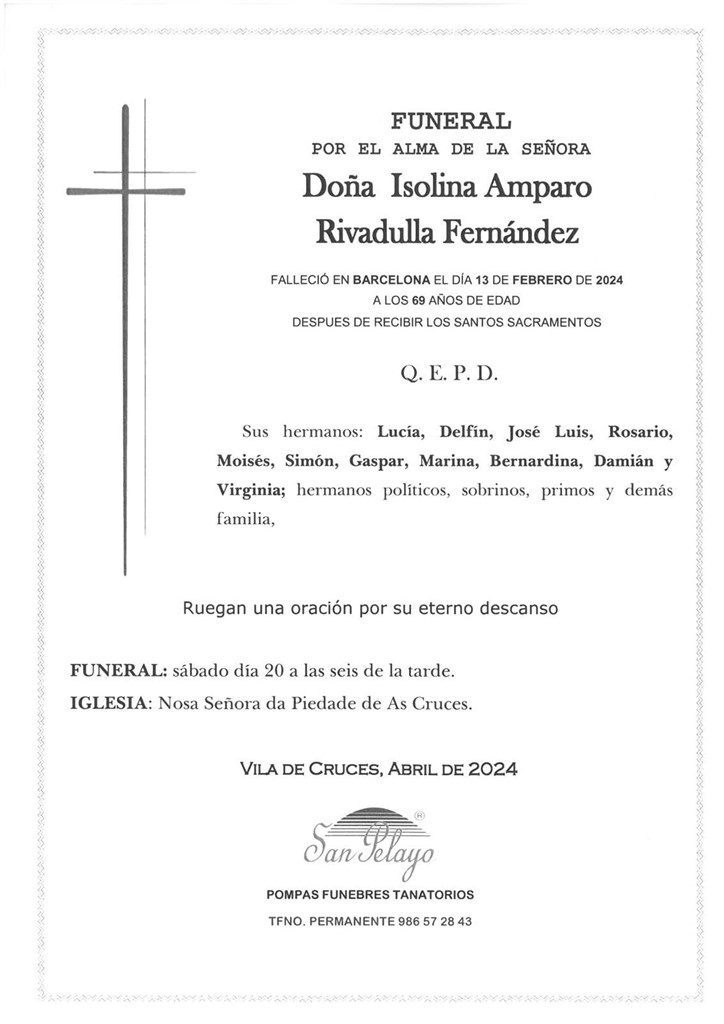 Foto principal FUNERAL ISOLINA AMPARO RIVADULLA FERNÁNDEZ