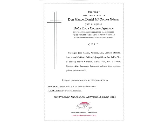 FUNERAL: MANUEL DANIEL Mª GÓMEZ Y ELVIRA COLLAZO 05/07/2025
