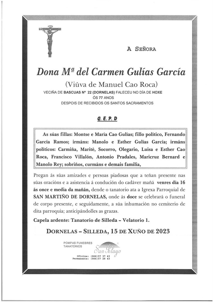 Defunción MARIA DEL CARMEN GULÍAS GARCÍA. Información y horarios.